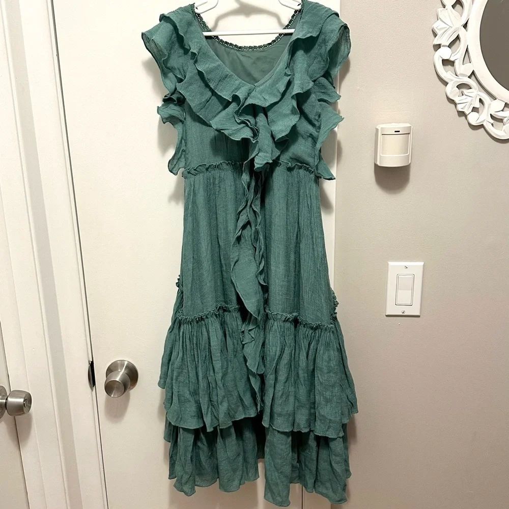 Joyfolie Bohemian High Low Green Tiered Ruffle Dress Girls 6 crochet detail